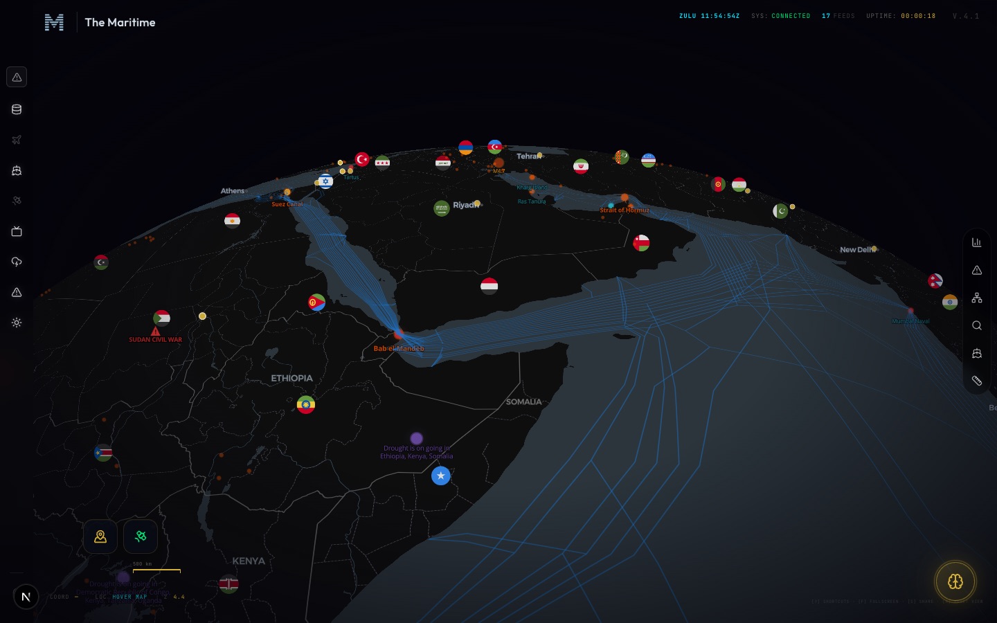 The Nereus command map — the Red Sea and Gulf of Aden, the shipping lanes through Bab el-Mandeb and the Strait of Hormuz, and the security posture on each chokepoint.